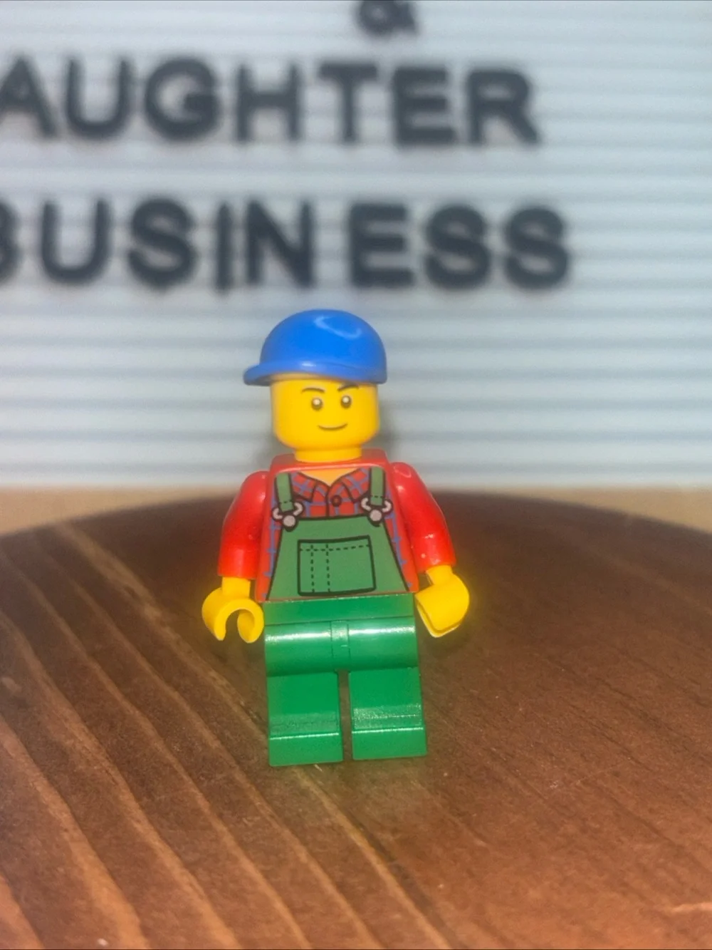 Lego Minifigure with Blue Hat, Red Torso, and Green Overalls